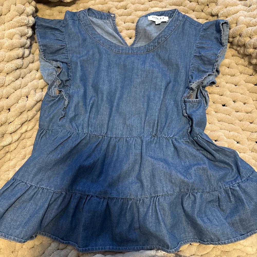 G.I.L.I. Denim Ruffle Peplum Top - Blue